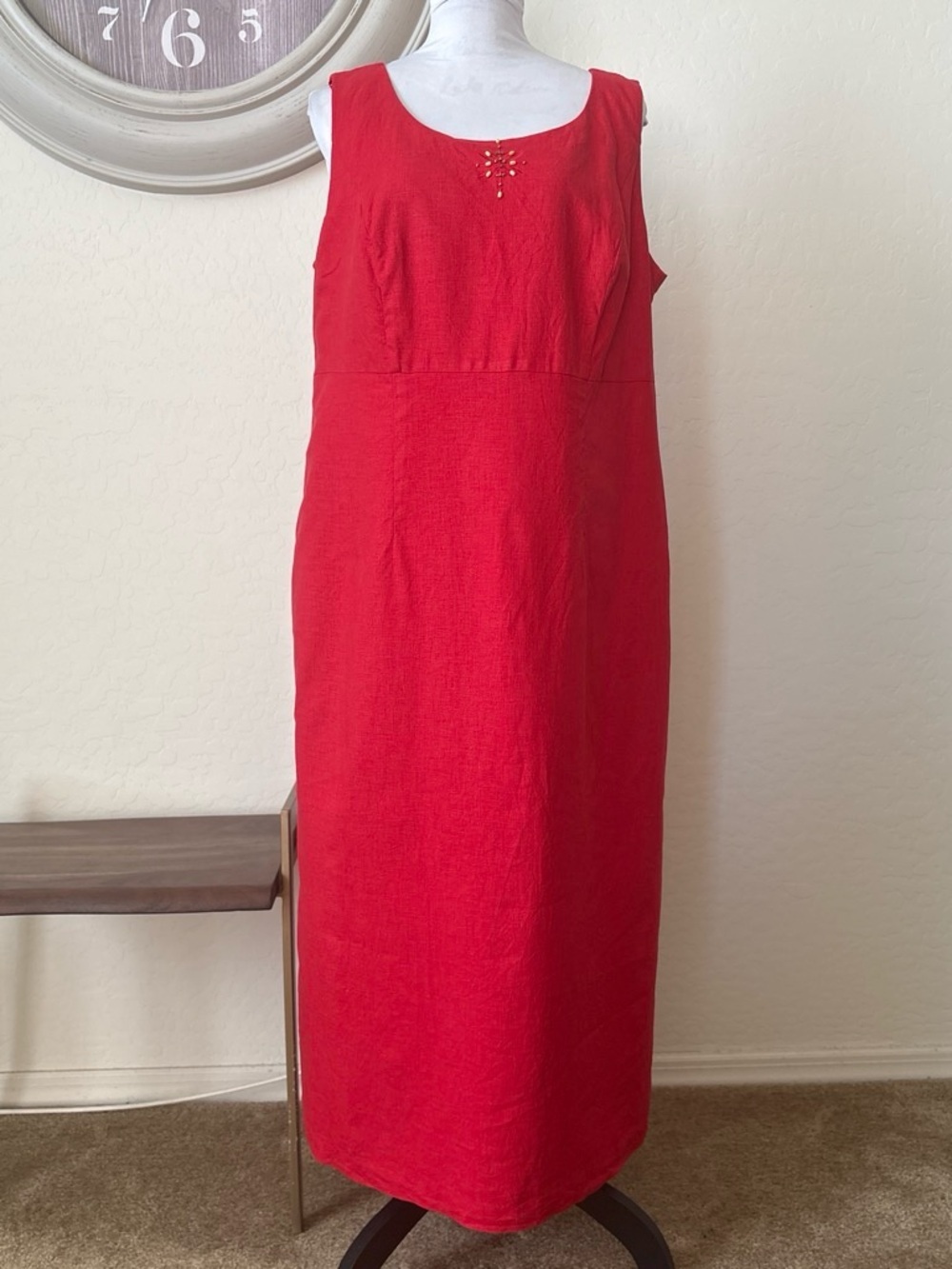 Sag Harbor Red linen blend Sleeveless Maxi Dress with Front Bead Detail XL